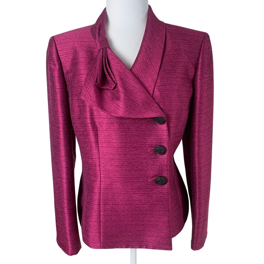 Vintage Kasper Petite Sz 14P Shimmer Blazer Bow Front Asymmetric Jacket Pink